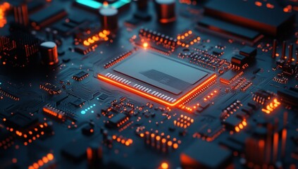 Obraz premium Close-up view of a circuit board with a central microprocessor chip, highlighted with vibrant orange and blue light