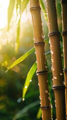  A zoom-in on a bamboo plant with droplets on its foliage, bathed in sunlight