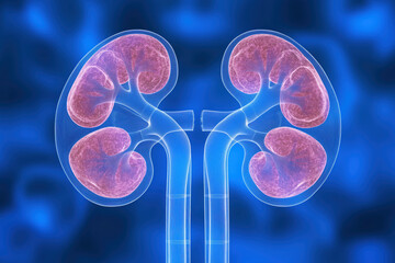 A digital image of human kidneys on a blue background symbolizing health and medicine