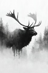   B&W image of a moose w/antlers against tree-filled background