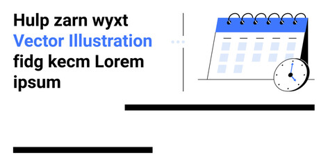 Desk calendar with spiral binding, small analog clock illustrating time management and scheduling. Ideal for productivity, planning, organization, deadlines, reminders, business, simple landing page