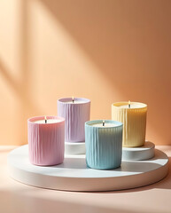 A luxurious, high-end scented candle display on a clean, minimalist pedestal.