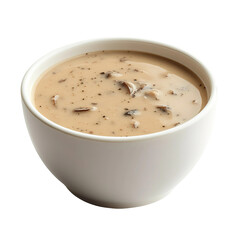 warm cream of mushroom soup in a white bowl, captured from the side

