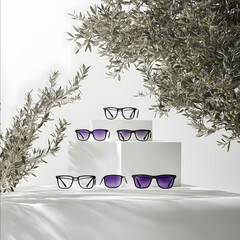 Its a luxury brand glasses commercial with a white pedestal and a variety of glasses The glasses frame is a black frame with four purple lenses in the same dir
