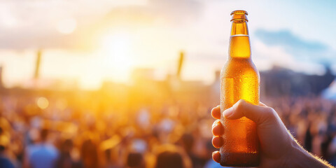 A hand holds a bottle of beer against a blurred background of crowds at an outdoor rock music festival. Crowd cheers music event at summer. 