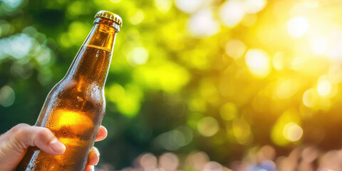 A hand holds a bottle of beer against a blurred background of crowds at an outdoor rock music festival. Crowd cheers music event at summer. 