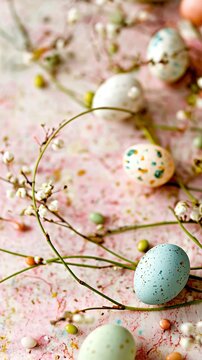   A group of eggs perched on a table near a tableful of sprinkles