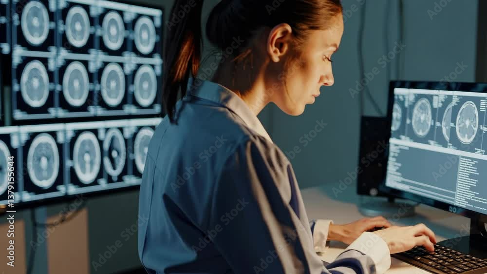 Poster medical professional analyzing brain scans in modern radiology lab with computer interface