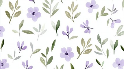   White background with green stem featuring a row of purple flowers and green foliage
