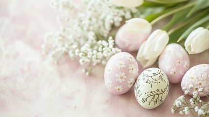   A group of eggs sits on a table next to tulips and baby's breath flowers