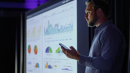 Inspirational Male Speaker Does Presentation of New Technological Product, Shows Infographics, Statistics Animation on Big Screen, Talks About Device Performance. Live Event / Start-up Conference