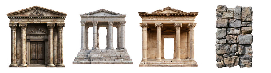 Fototapeta premium Historic Architectural Elements Including Columns and Stone Walls, Isolated on Transparent Background