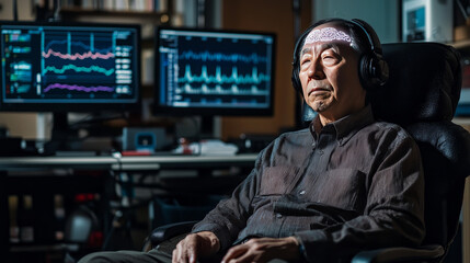 Naklejka premium Monitors Show EEG Reading and Graphical Brain Model. In the Background Laboratory Man Wearing Brainwave Scanning Headset Sits in a Chair with Closed Eyes. In the Modern Brain Study Research Laboratory