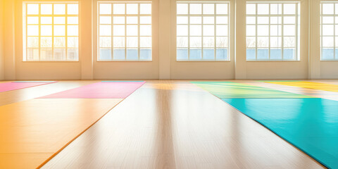 Obraz premium Indoor gymnastics studio room with colorful sports mats. Gymnastics school room interior design with large windows. 