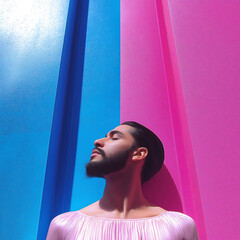 Stylish young man with a beard posing against vibrant pink and blue geometric background