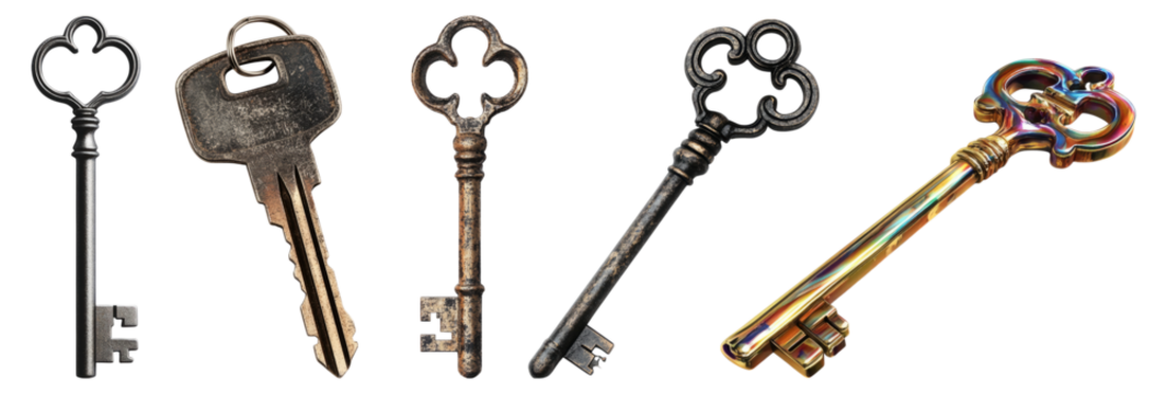 Vintage and Modern Keys Collection with Unique Designs and Shapes, PNG bundle collection, Isolated on Transparent Background