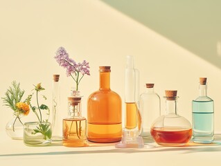 Elegant Elixir Display: An array of meticulously crafted glass bottles, filled with vibrant liquids and adorned with natural floral accents, artfully arranged in a visually stunning display.