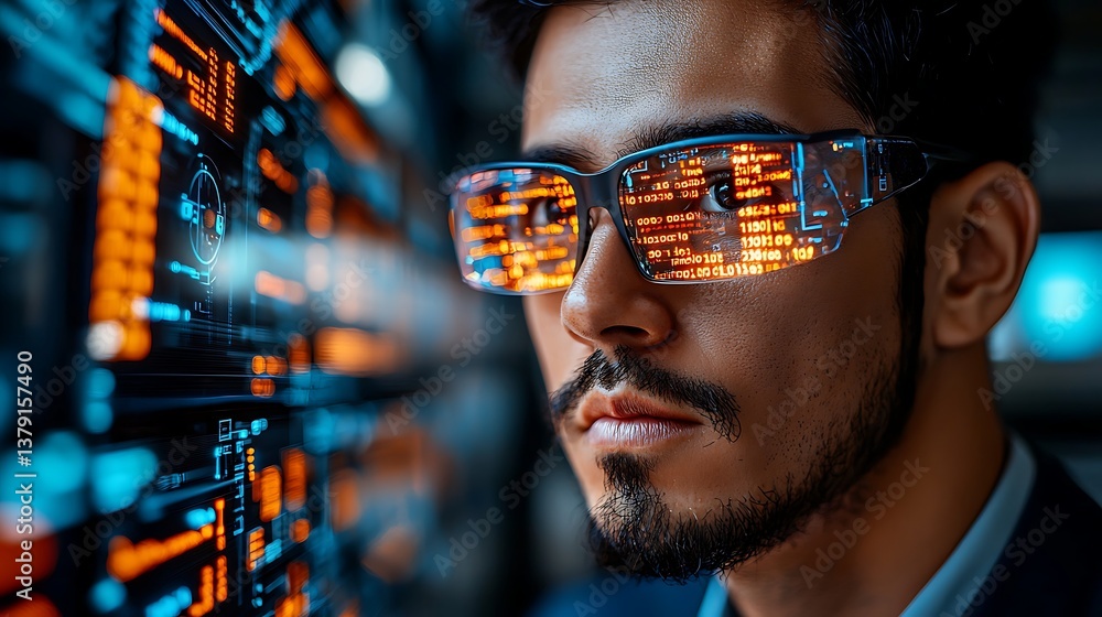 Poster focused technologist analyzing data streams