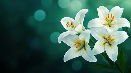Fototapeta premium A close-up of three white flowers against a green and blue backdrop, with a blurred background of lights