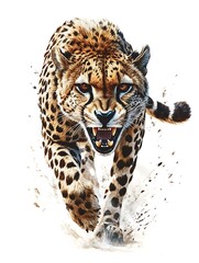 Naklejka premium Cheetah's Intense Focus: A powerful cheetah charges forward, its intense gaze fixed ahead, showcasing the animal's raw energy and predatory prowess.