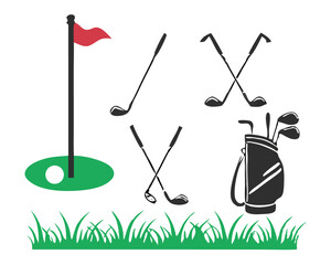Golf Vector Illustration Set – Isometric and Silhouette Golfers, Clubs, Golf Carts, and Course Elements for Sports and Recreation Designs.