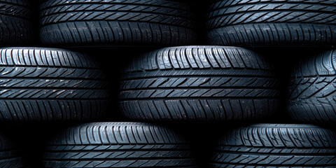 Stacks of car tires on storage rack in rows. Auto service workshop, shop retail storehouse. Winter tire sale 