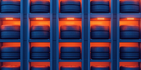 Stacks of car tires on storage rack in rows. Auto service workshop, shop retail storehouse. Winter tire sale 