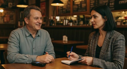 Dialogue at the Cafe: A candid shot of a focused woman and a man engaged in conversation, possibly during a consultation or meeting, in a cafe setting.