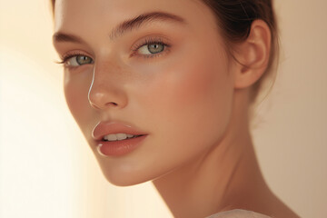 Naklejka premium European Female Model with Natural Makeup on Beige Backdrop for Skincare
