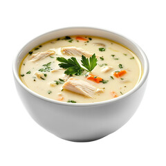 creamy chicken soup in a white bowl, captured from the side at a low perspective

