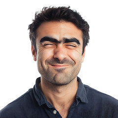 Fototapeta premium A Man with a Smug Expression One Eyebrow Raised and Beard Wearing a Blue Shirt Isolated on Transparent Background