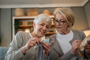Smiling senior women knitting and embroidering together at home