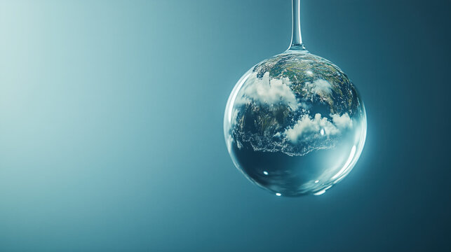 A sphere with a microcosm. Planet Earth in a drop of water. Copy space.