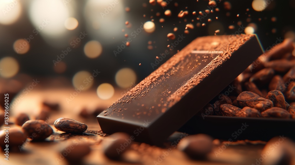 Poster dark chocolate resting on cocoa beans surrounded by cocoa powder in a warm, inviting setting