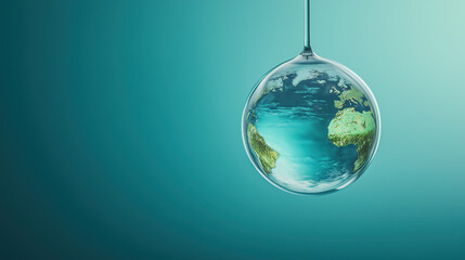 A drop of water containing planet Earth, symbolizing ecological fragility and the importance of environmental protection.