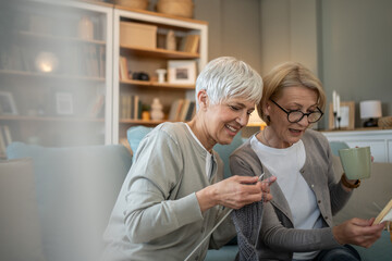 Obraz premium Senior women knitting and drinking tea together at home