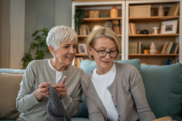 Senior women knitting and reading books at home