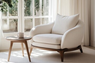 Modern, comfortable armchair by a window, with a small wooden side table and a mug