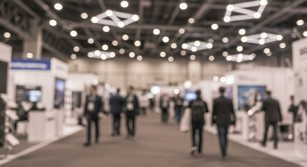  Trade Show Buzz: Blurred View of Attendees, Booths & Lights at an Exhibition Convention. Industry Networking & Opportunities!