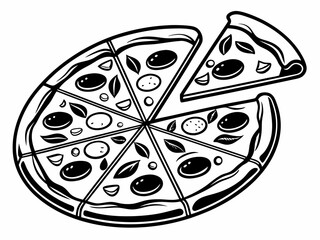 Delicious sliced pizza vector black and white drawing with toppings isolated on white background

