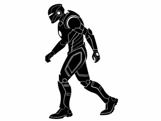 Fototapeta premium Futuristic armored robot character walking vector black and white silhouette illustration