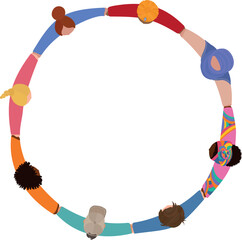 Chain of group of isolated people in a circle from diverse cultures holding hands. Cooperation and teamwork.Community of friends or volunteers. Partnership. Multiethnic people. Top view