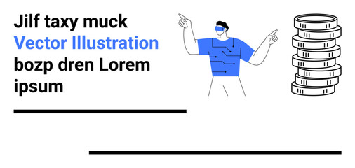 Man in blue shirt gesturing with both hands near a stack of coins and placeholder text. Ideal for finance topics, investment, design mockups, presentations, education, branding, simple landing page