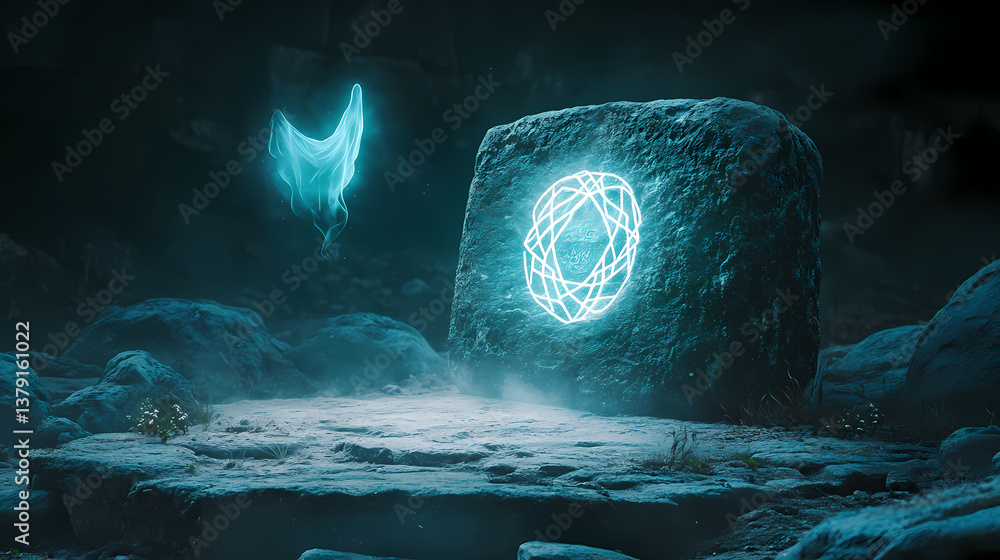 Canvas Prints a mysterious, glowing symbol carved into an ancient stone, with a translucent phantom hovering nearb