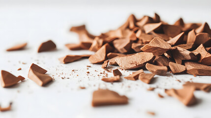 Fototapeta premium Whole sandalwood chips scattered across a white background, showcasing their warm orange-brown tones and rustic charm in a minimalist setting.