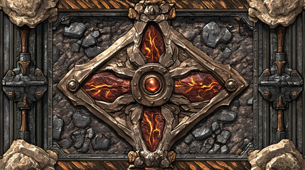 Detailed Volcanic Rock Texture with Ornate Metalwork Frame and Ancient Design Elements Perfect for Digital Art Backgrounds and Fantasy Game Assets