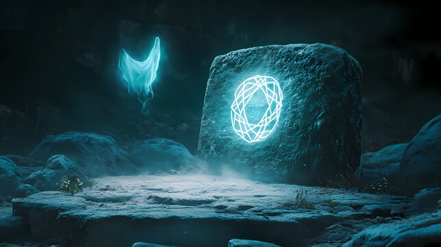 A mysterious, glowing symbol carved into an ancient stone, with a translucent phantom hovering nearby, evoking a sense of cryptic wonder, flat design illustration. Aetherial Inscription. Illustration
