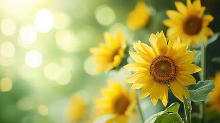   A close-up of a group of sunflowers in a field with the sun shining through the hazy background