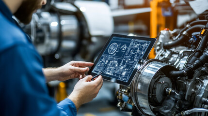 In a Hangar Aircraft Maintenance Engineer Shows Technical Data on Tablet Computer to Airplane Technician, They Diagnose Jet Engine Through Open Hatch. They Stand Near Clean Brand New Plane.