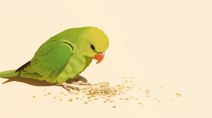 Green parrot with food, copy space.